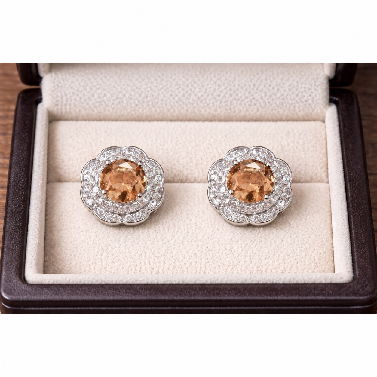 Pair of earrings with champagne gemstones in a jewelry box