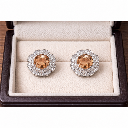 Pair of earrings with champagne gemstones in a jewelry box