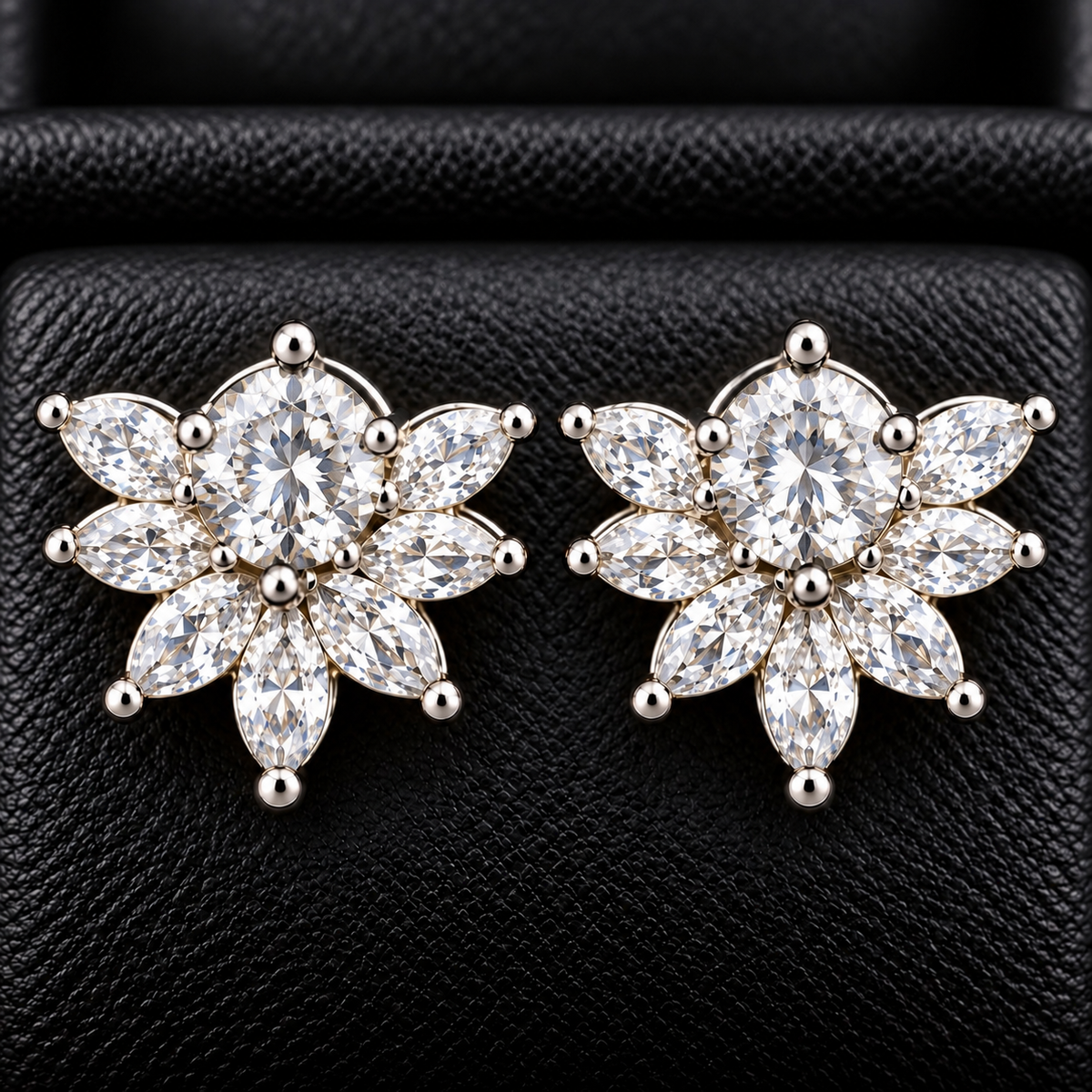 Trillium Gem Petal Studs with marquise clear zircon petals and round centre gemstone in silver-tone setting.