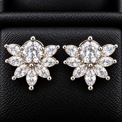 Trillium Gem Petal Studs with marquise clear zircon petals and round centre gemstone in silver-tone setting.