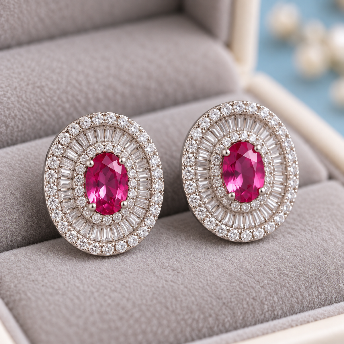 A pair of oval stud earrings with bright pink oval center stones surrounded by silver-toned halos of clear baguette and round stones, displayed on a gray jewelry box.
