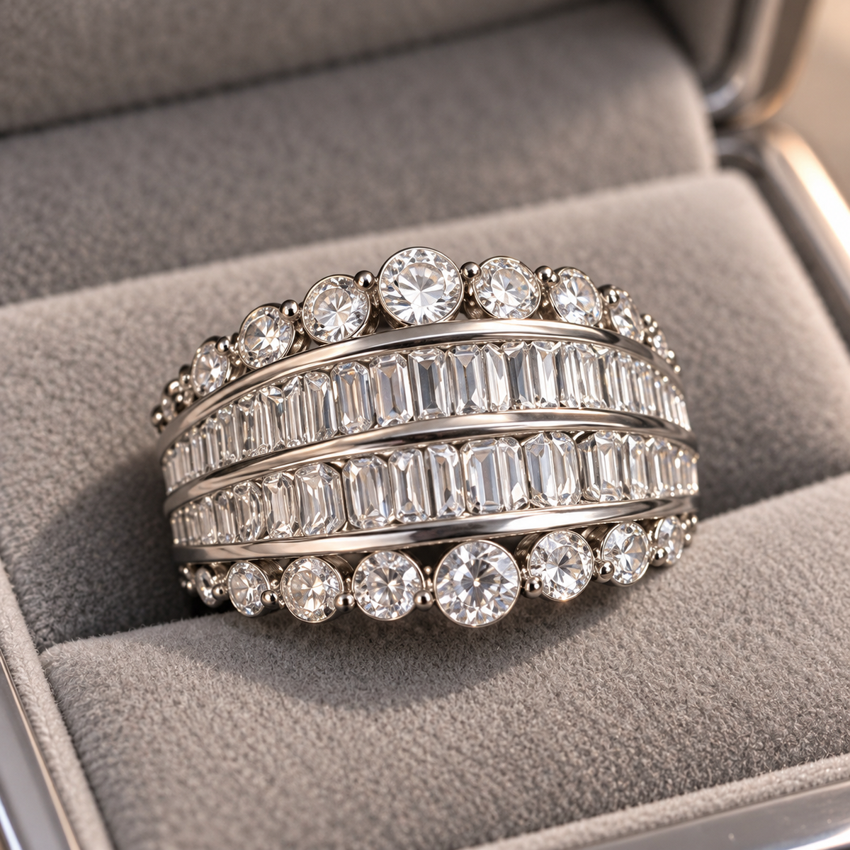 Silver Adjustable Multi-Row Crystal Band Ring – Baguette & Round Cut Statement Design-Adjustable