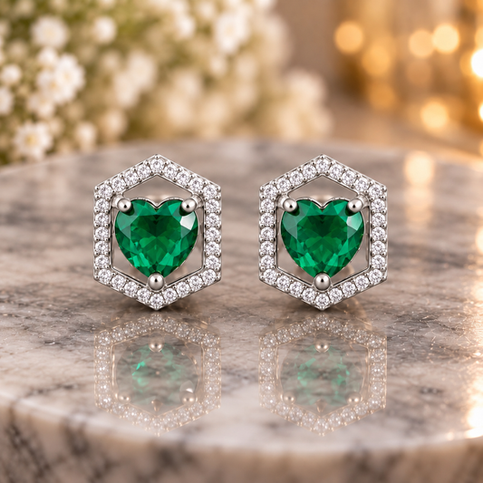 Hexagon Heart Crystal Stud Earrings