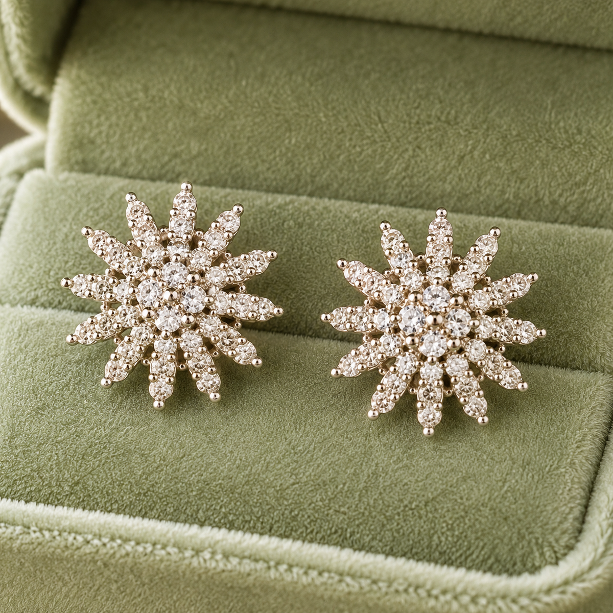 Crystal snowflake stud earrings displayed inside a sage green velvet jewelry box on a reflective table with soft natural light.