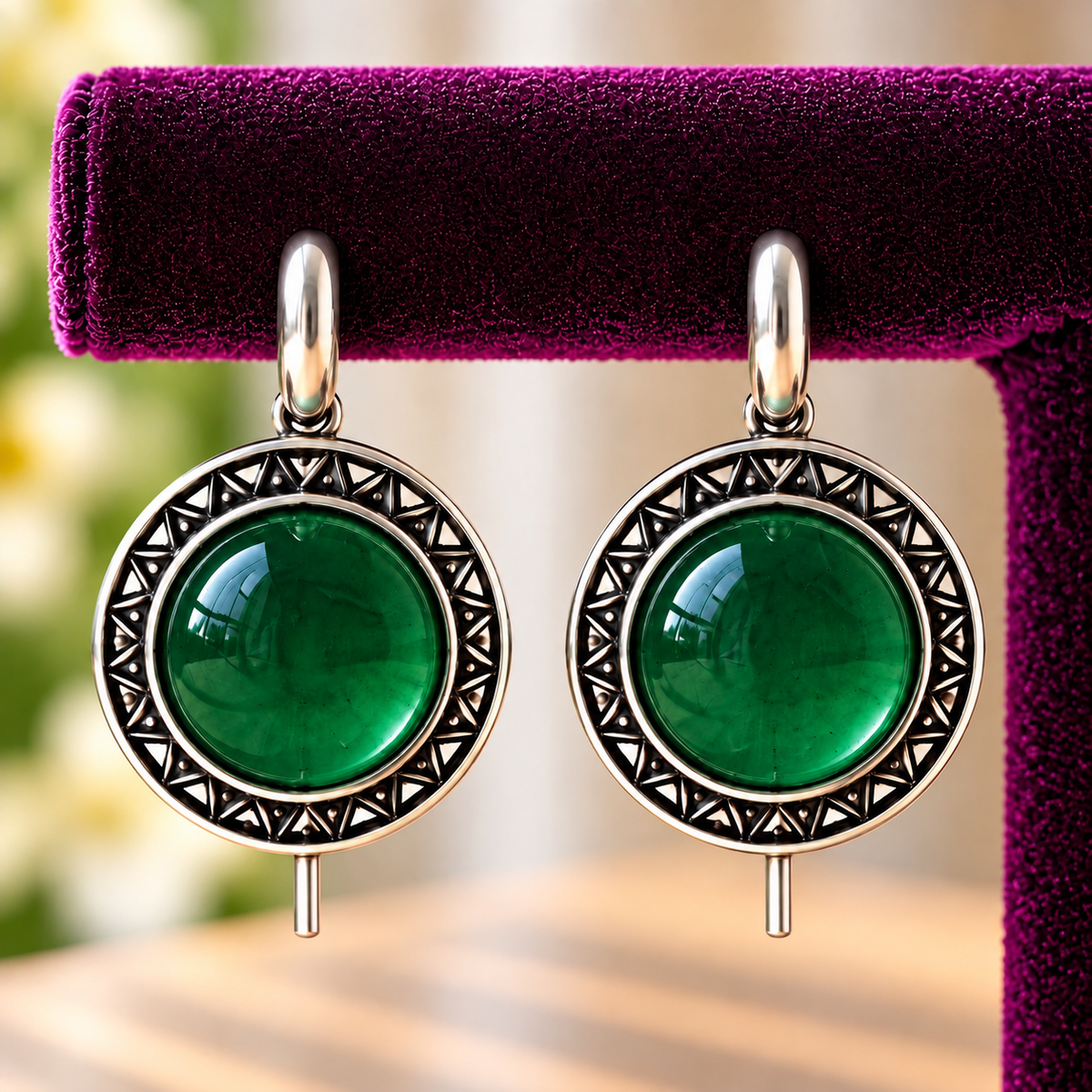 Close-up of Emerald green Ottoman Round Earrings showing smooth domed stones and intricate geometric antique-metal detailing
