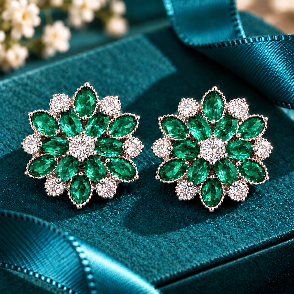 Vespera Bloom Earrings in emerald green, featuring layered marquise-cut gemstones, clear zircon accents and polished silver-tone settings, displayed on a teal jewellery box