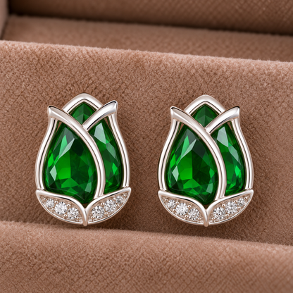  close up of Tulip green crystal stud earrings 