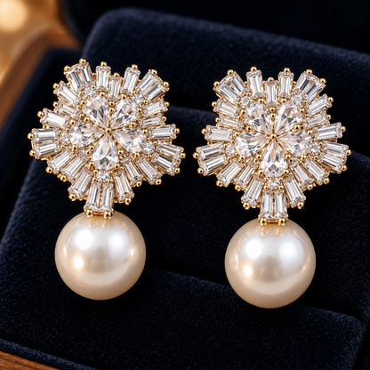 Clear zircon floral statement earrings with baguette-style detailing and round pearl drops displayed in a navy jewellery box.