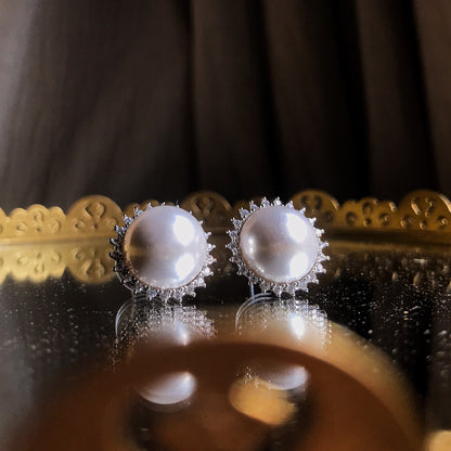 Elegant Pearl Stud Earrings with Cubic Zirconia Halo in Sterling Silver