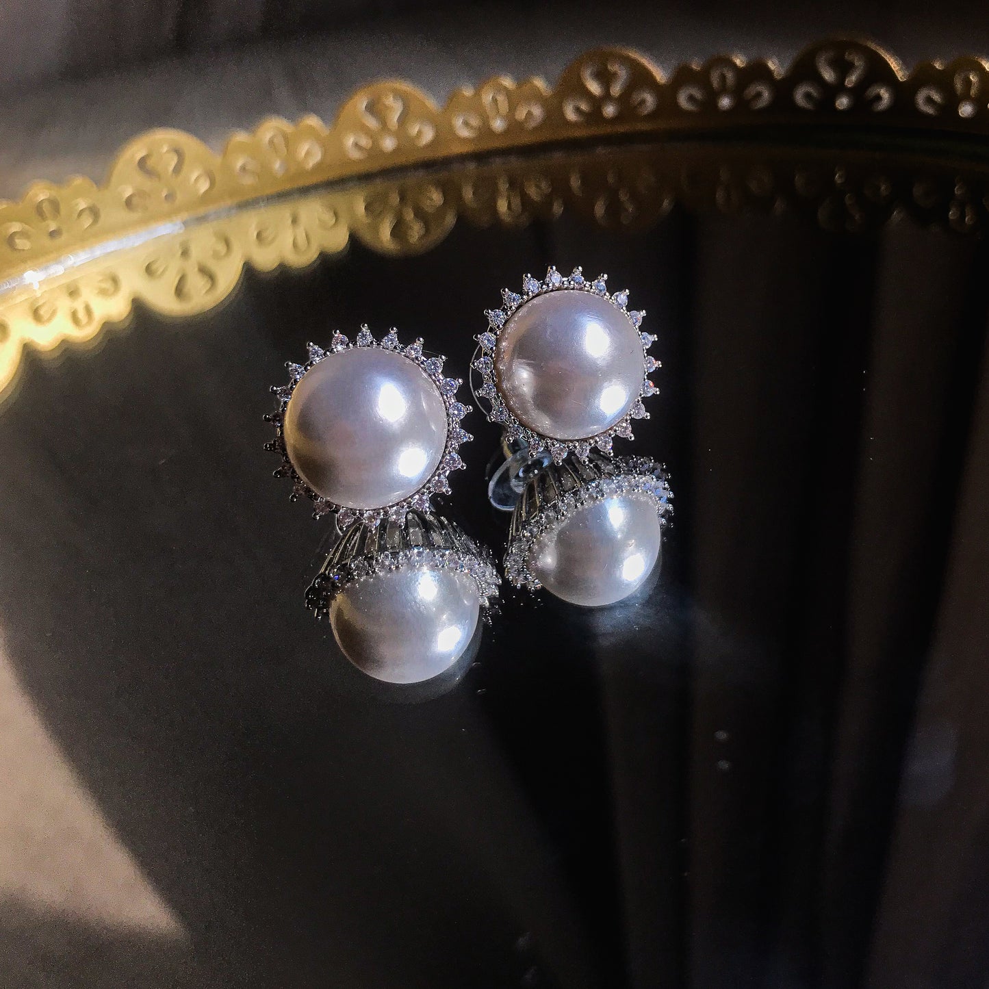 Elegant Pearl Stud Earrings with Cubic Zirconia Halo in Sterling Silver
