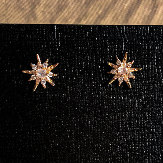 Close-up of two rose gold starburst stud earrings with clear, sparkling stones in the center, displayed on a textured black earring card.