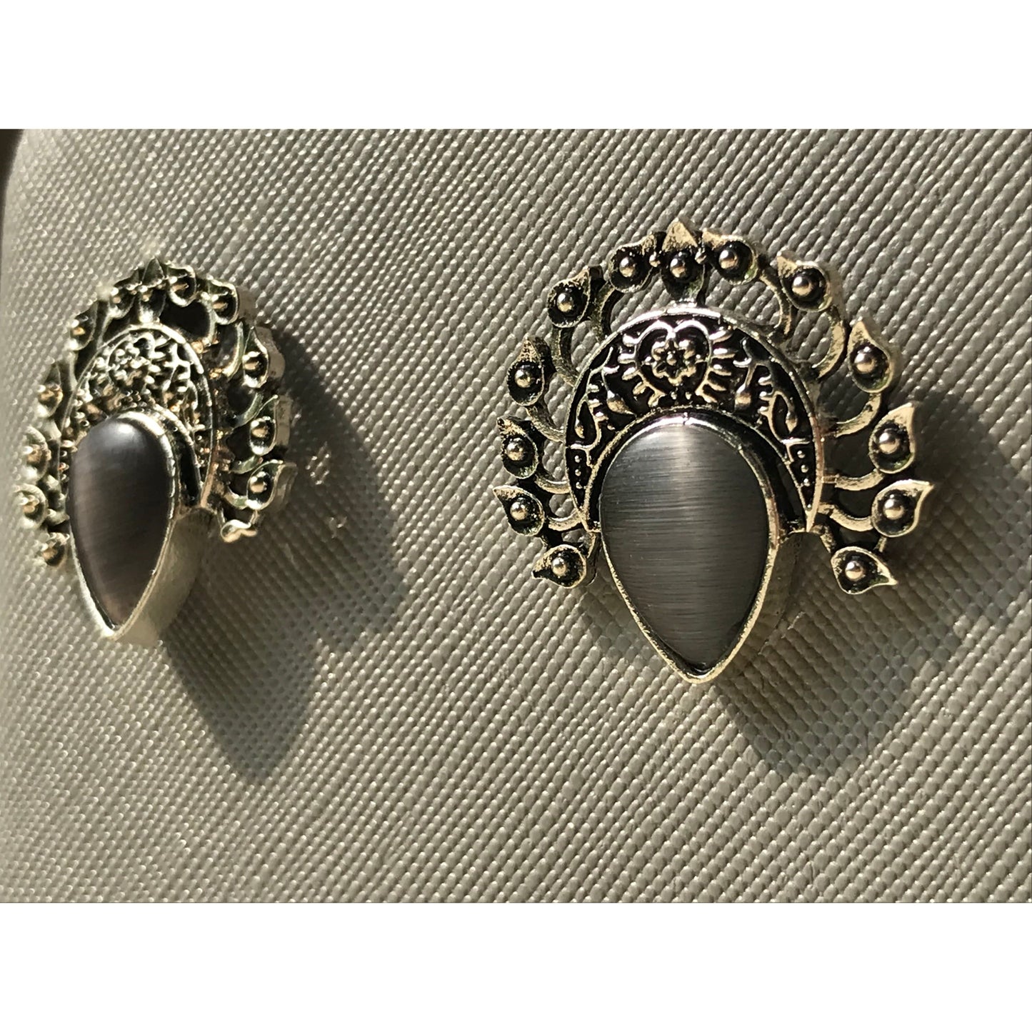 Silver Peacock Stud Earrings | Dark Stone Accents & Intricate Filigree