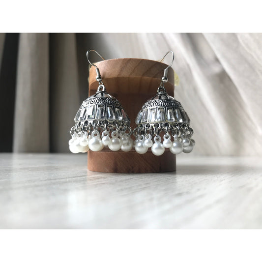 Silver Jhumka Earrings with Pearl Dangles | Traditional Jewelry