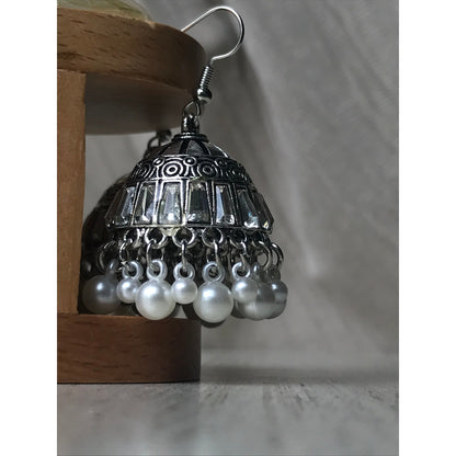 Silver Jhumka Earrings with Pearl Dangles | Traditional Jewelry