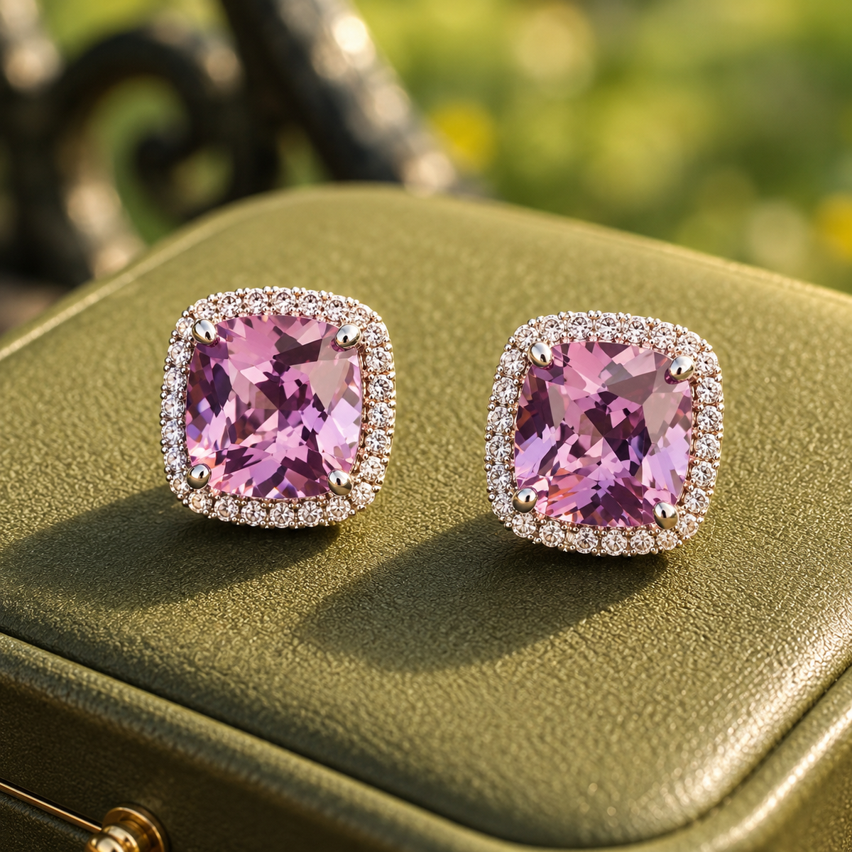 Silver cushion-cut purple crystal halo stud earrings displayed on a premium olive green jewellery box with a blurred garden background.