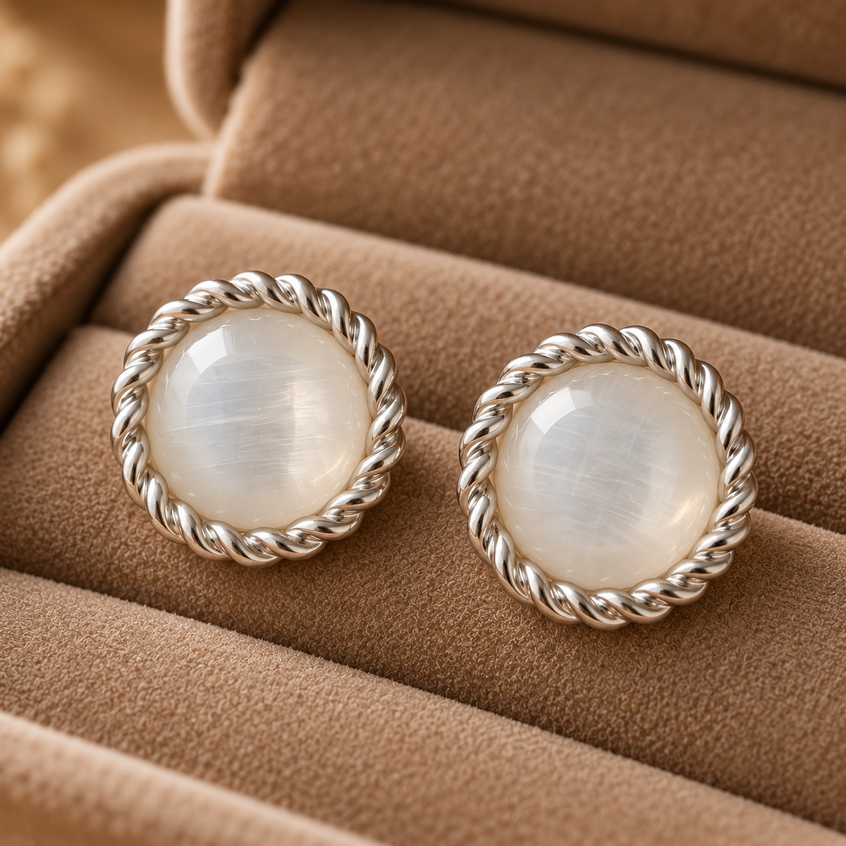 Close-up of pearlescent white round hook back earrings with polished silver-tone rope edging displayed in a soft taupe jewellery box.