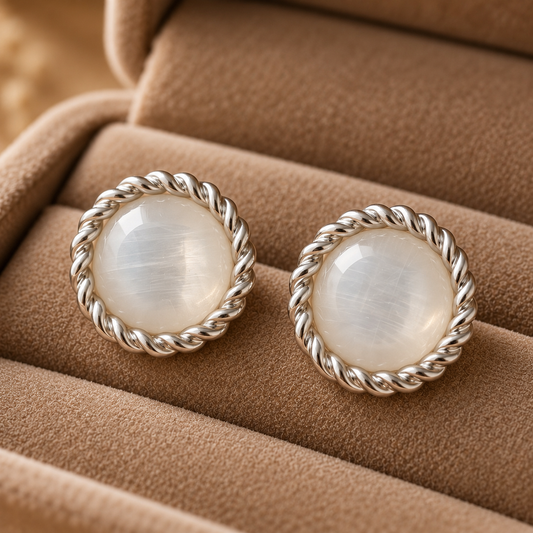 Close-up of pearlescent white round hook back earrings with polished silver-tone rope edging displayed in a soft taupe jewellery box.