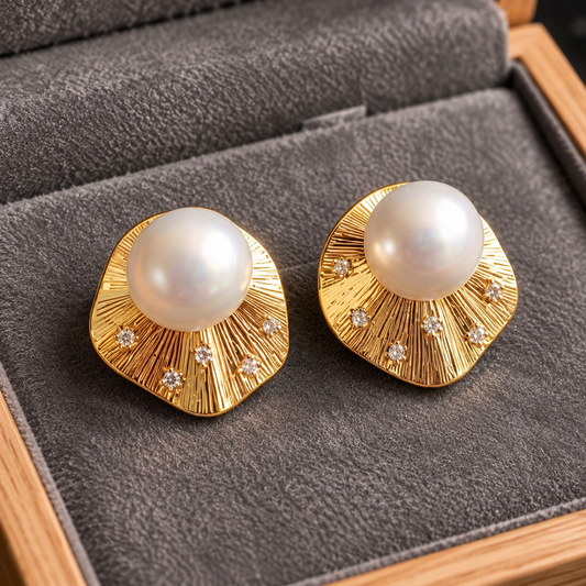 Gold textured pearl stud earrings displayed in wooden velvet jewelry box 