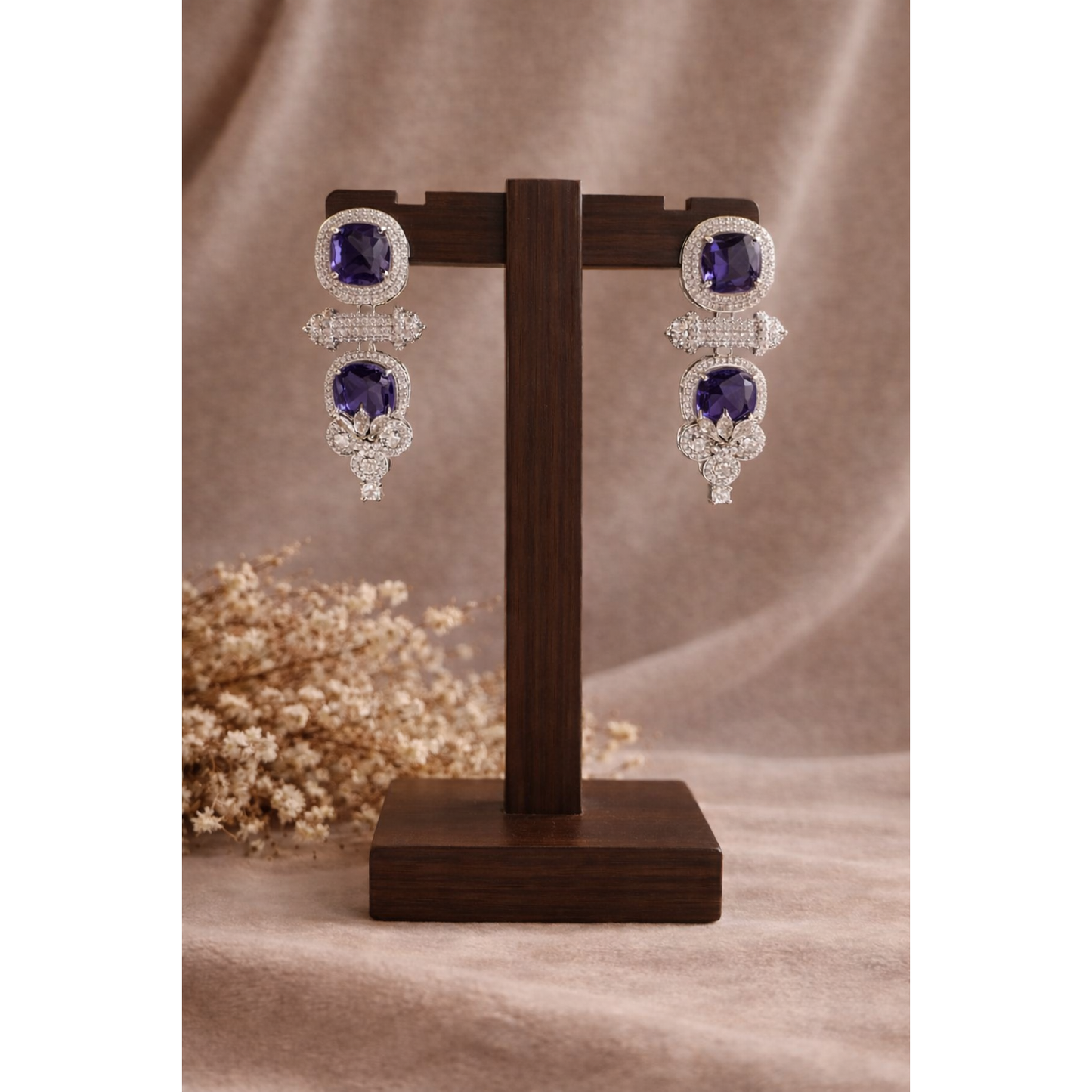 Cushion-Cut Luxury Statement Drop Earrings – Blue, Ruby Pink, Champagne & Deep Violet