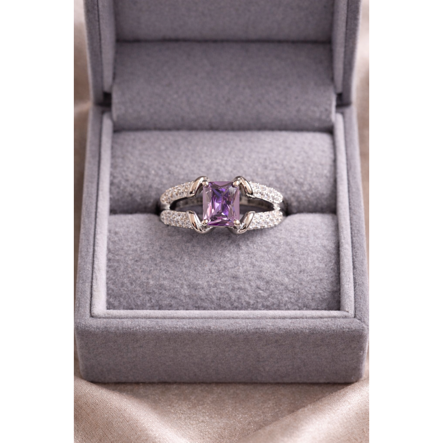 Silver Purple ring in a box
