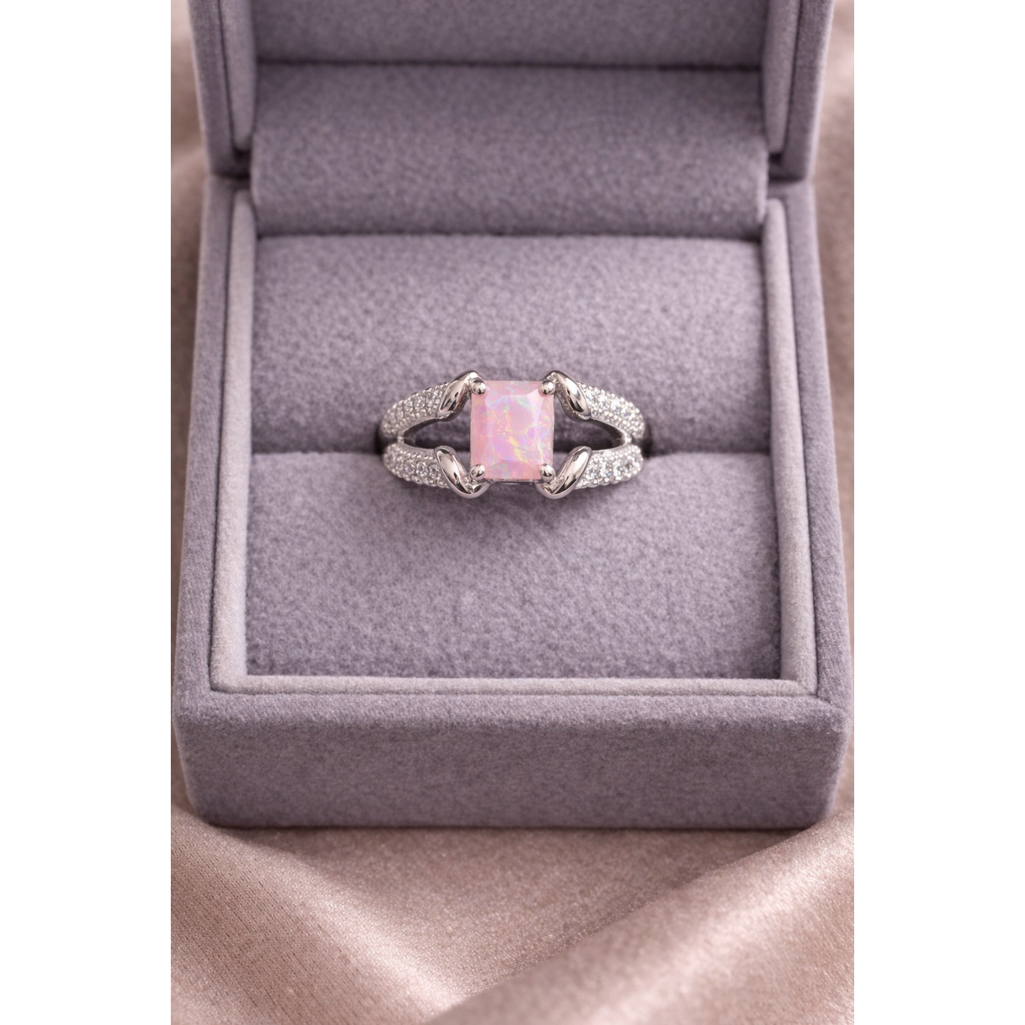 Silver opal pink ring in a box
