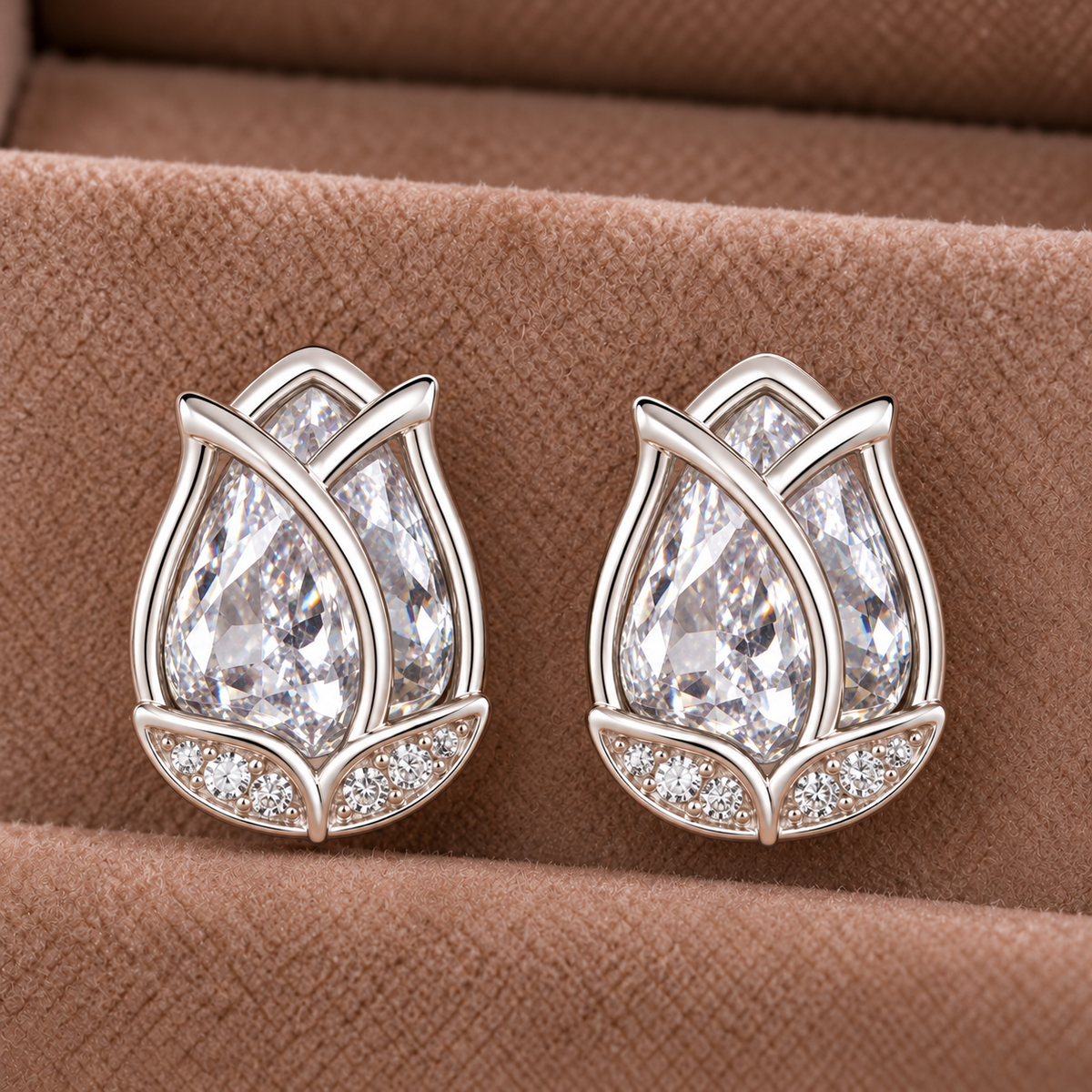  close up of Tulip clear crystal stud earrings 