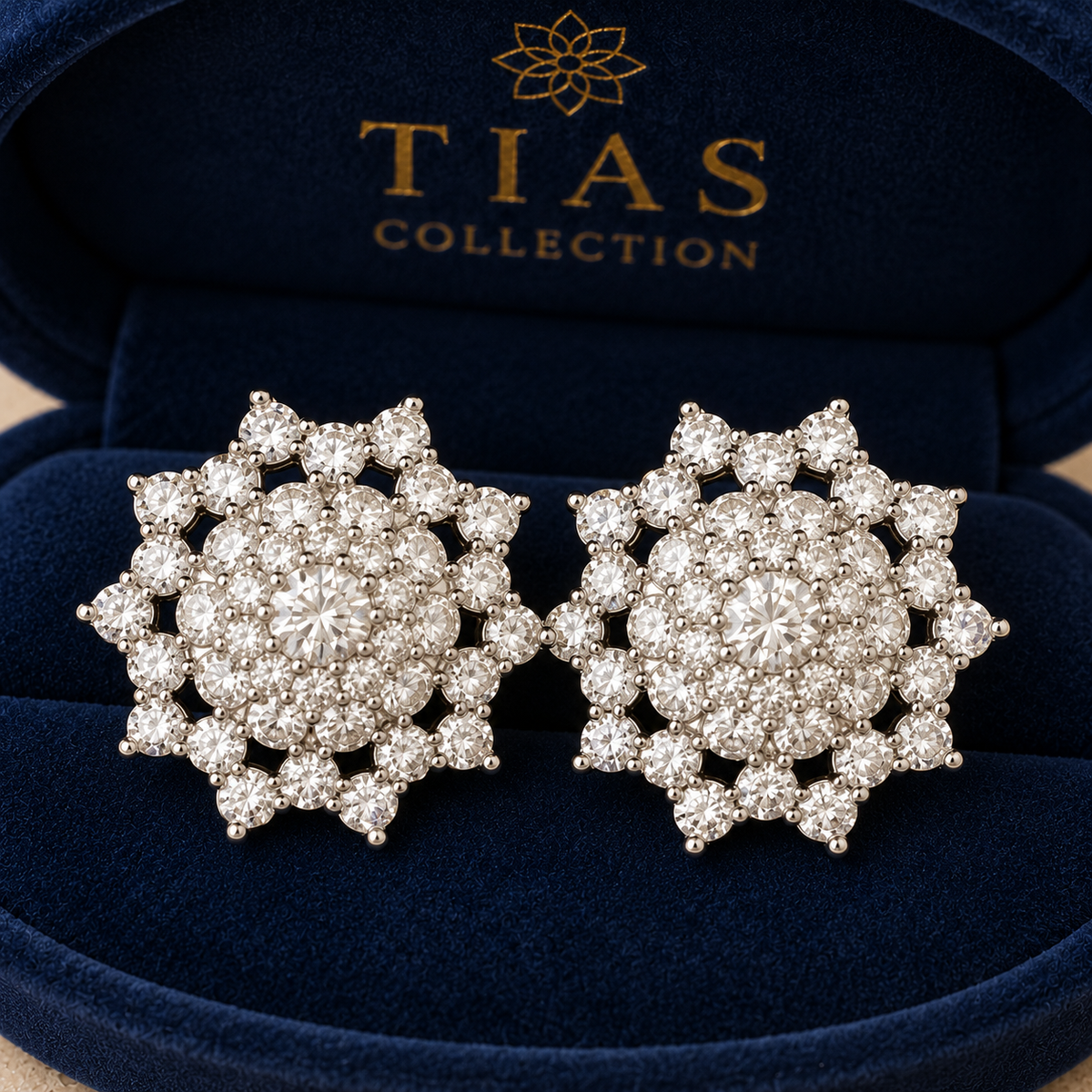   Close up Pair of Astra Crest clear zircon cluster stud earrings  