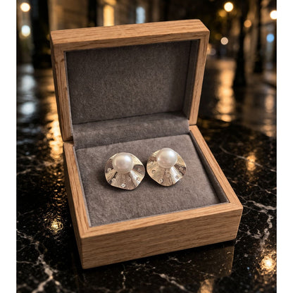 Silver textured pearl stud earrings displayed in wooden velvet jewelry box 