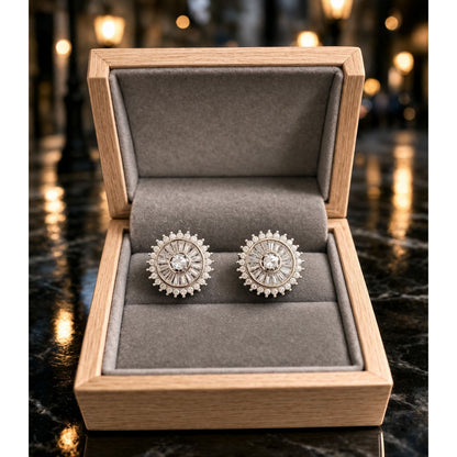 Silver round crystal stud earrings displayed in grey velvet wooden jewelry box