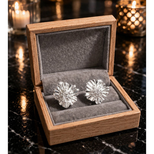 Silver floral stud earrings displayed in wooden velvet jewelry box 