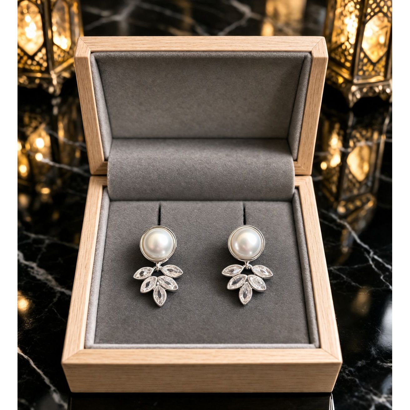 Side profile model wearing silver pearl drop earrings with leaf motif design 
