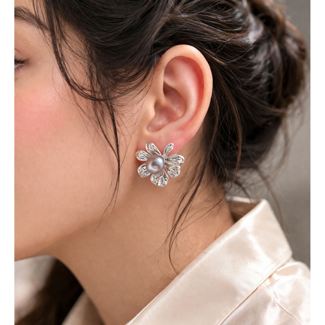 Floral Pearl Stud Earrings – Silver Tone Petal Design