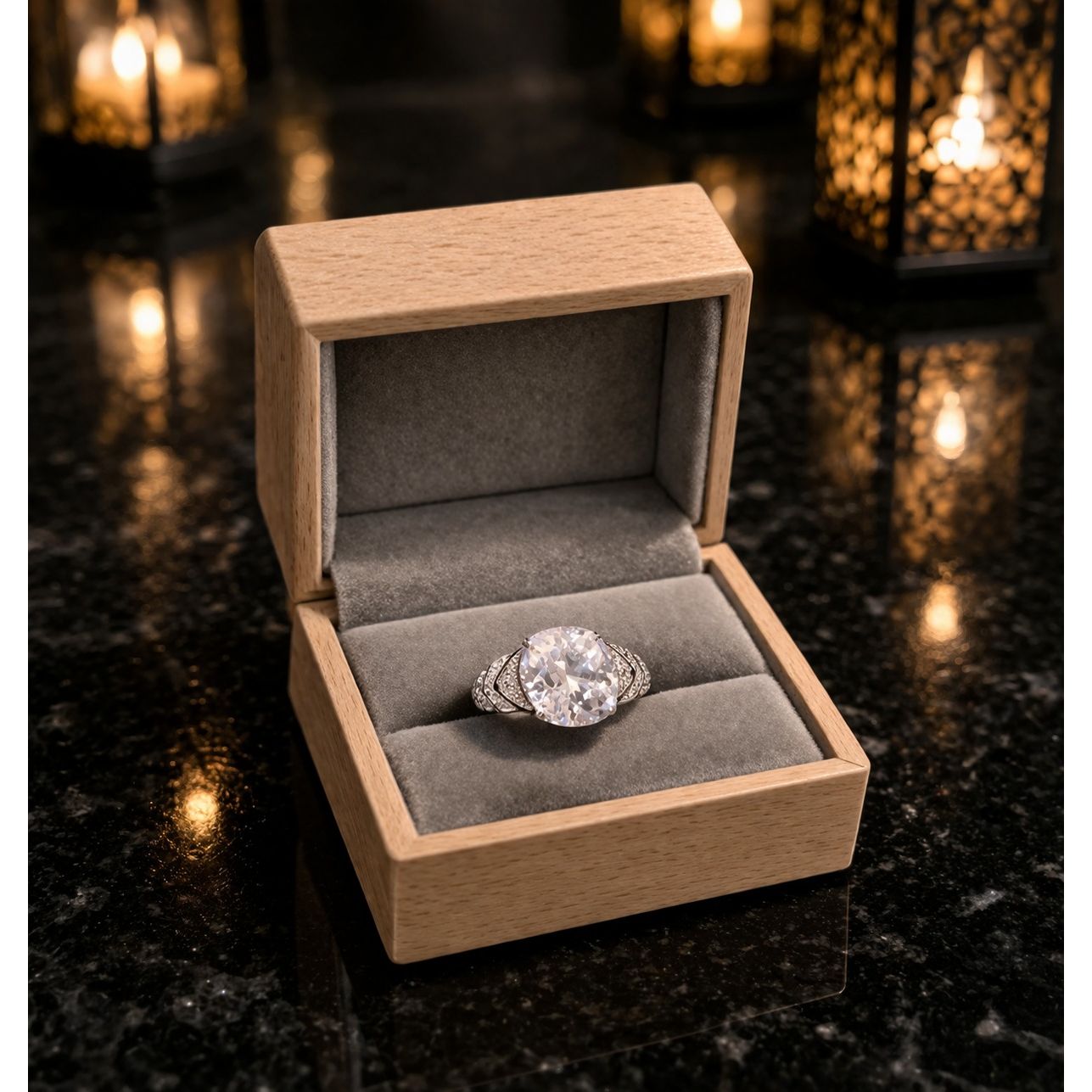 Silver solitaire ring with pavé band displayed in light wood jewelry box with velvet interior on marble surface