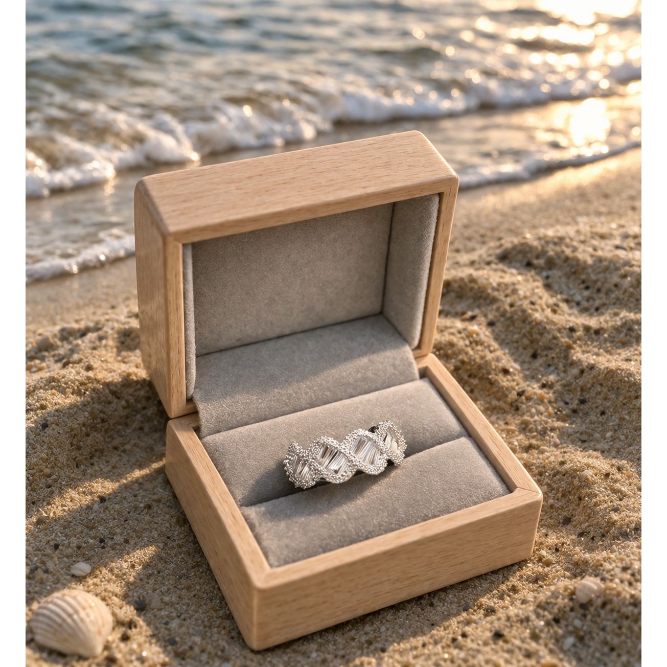 Silver textured ring displayed in wooden velvet jewelry box placed on sandy beach with ocean background