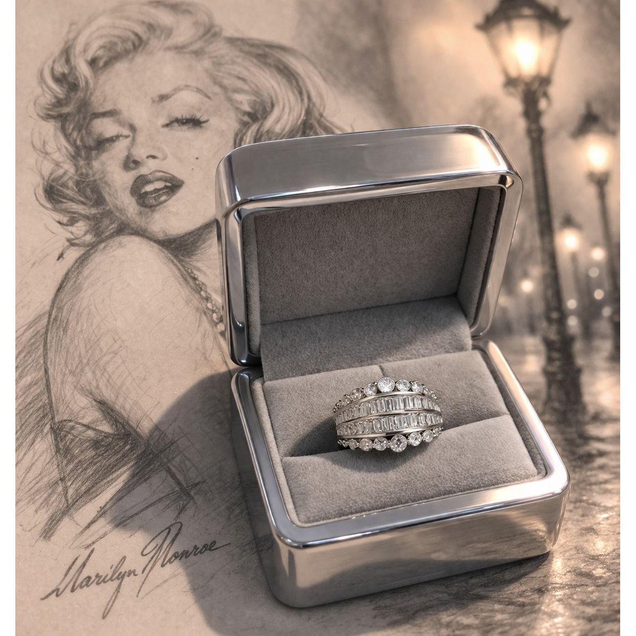 Silver adjustable statement ring with baguette and round crystals displayed in premium jewelry box