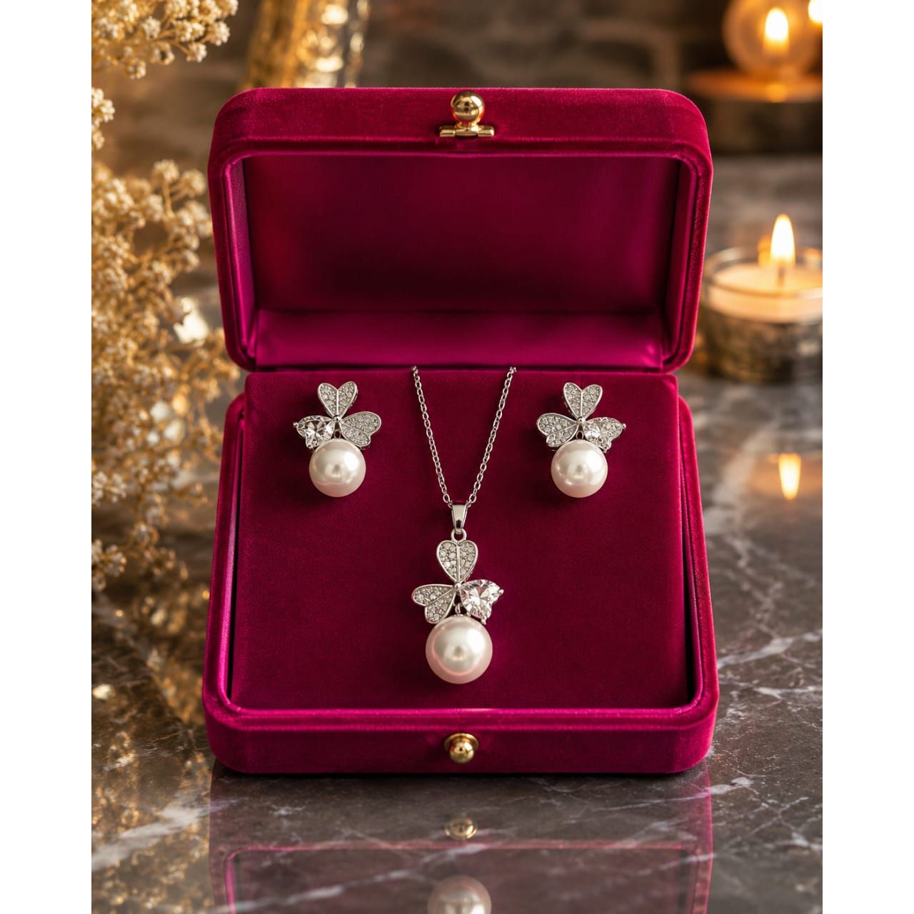 Silver crystal flower and pearl necklace set with matching earrings displayed in a luxurious fuchsia velvet jewelry box on reflective marble with candlelit background.