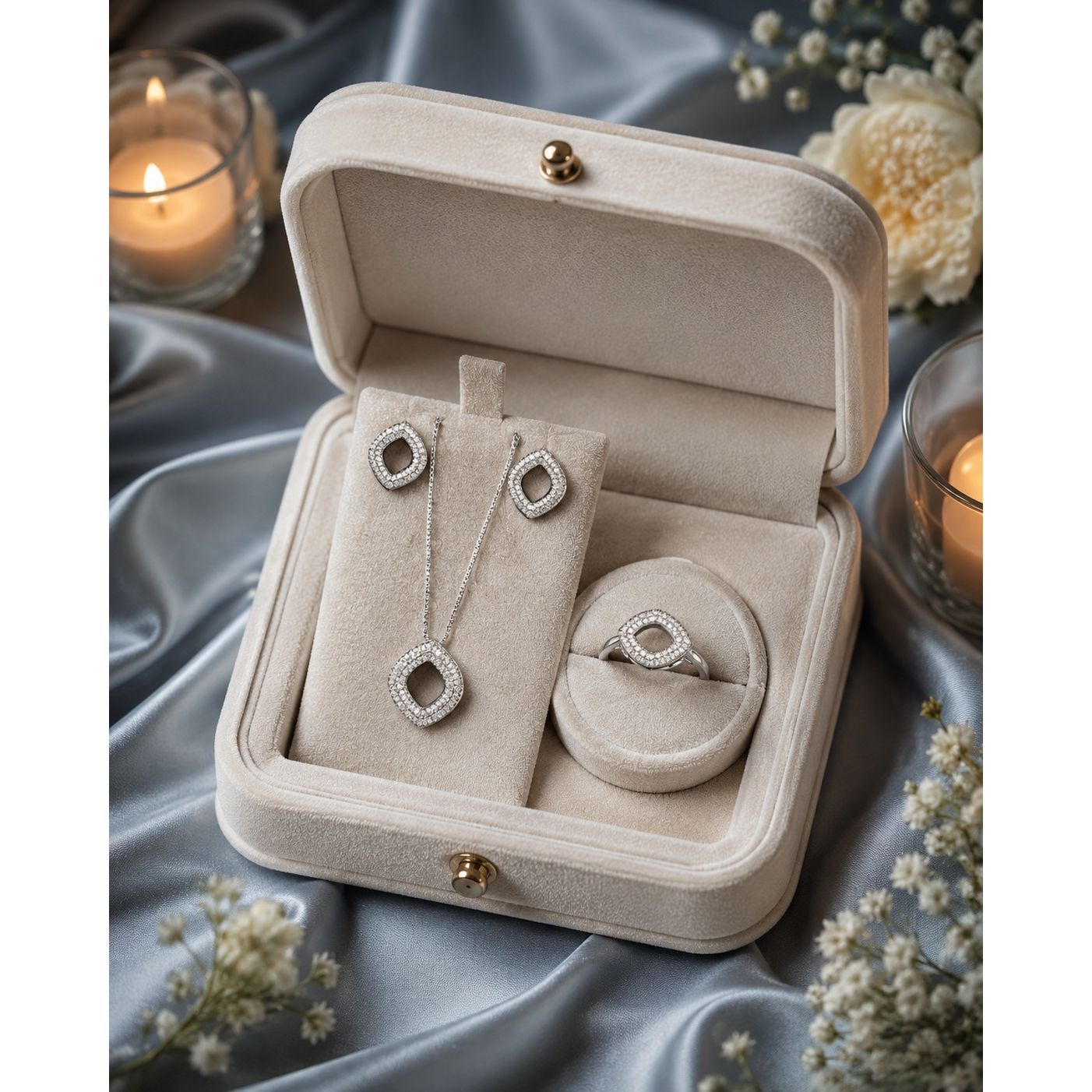 Silver crystal jewelry set featuring cushion-shaped earrings, pendant necklace, and matching ring displayed in a premium ivory velvet gift box.