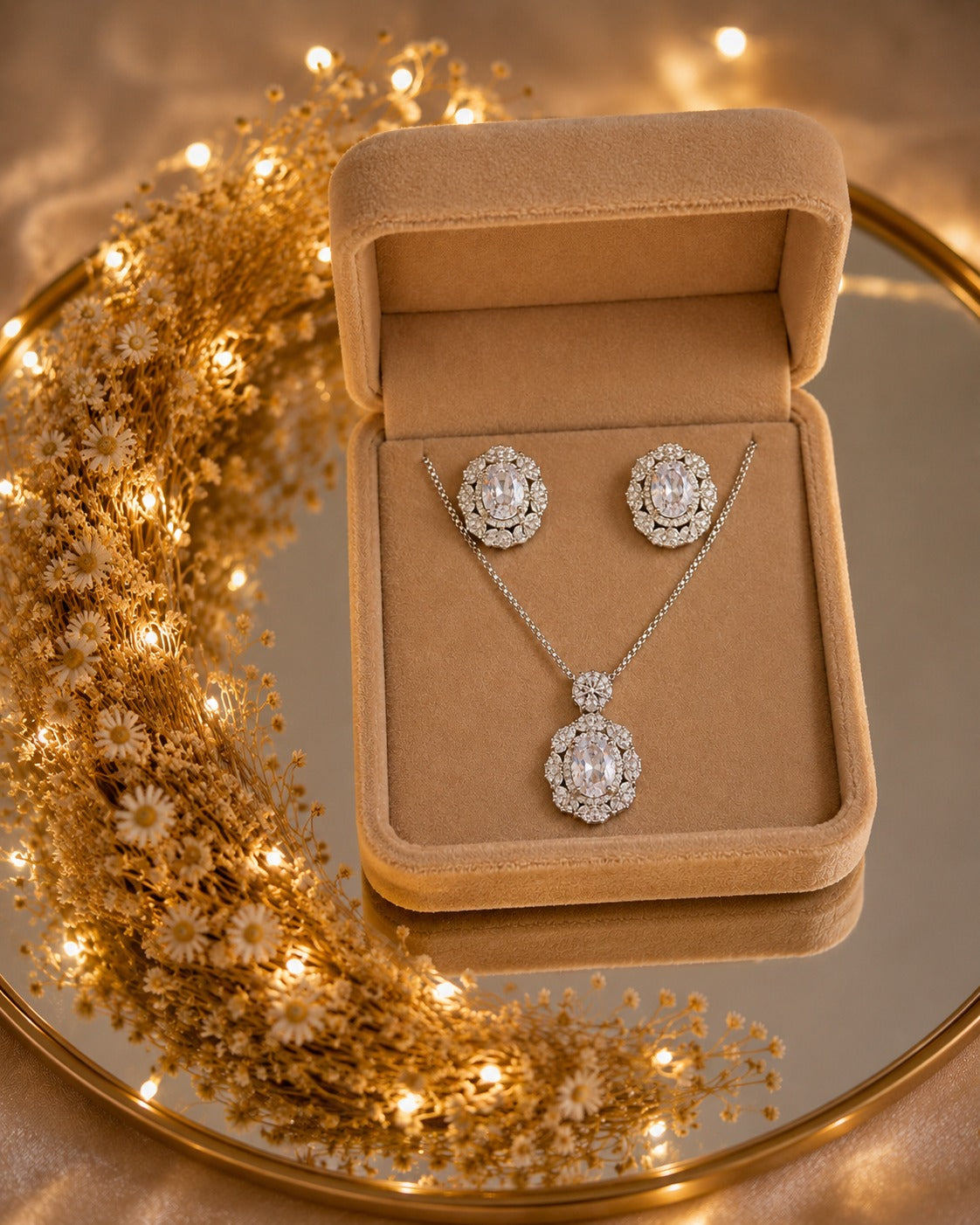 Silver-tone crystal halo necklace and matching stud earrings displayed in a premium beige velvet jewelry box with warm decorative lighting and floral accents.