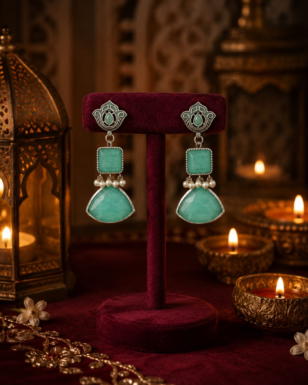 Legacy Collection antique silver-tone mint green statement earrings with pearl accents displayed on a premium velvet stand.