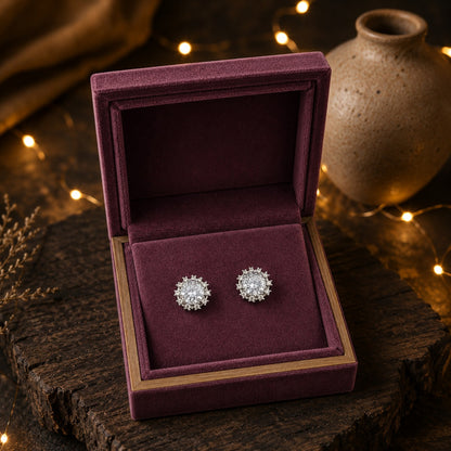 Silver crystal halo stud earrings displayed inside a premium plum velvet jewelry box with luxury styling.