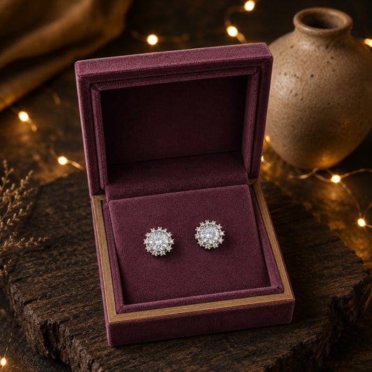 Silver crystal halo stud earrings displayed inside a premium plum velvet jewelry box with luxury styling.