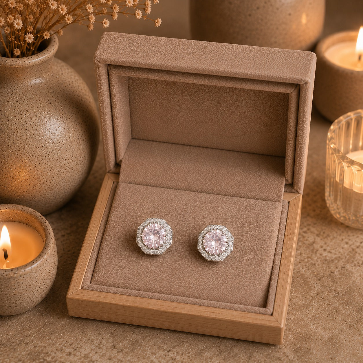 Silver  and pink earrings in a brown jewelry box with candles and a vase in the background
