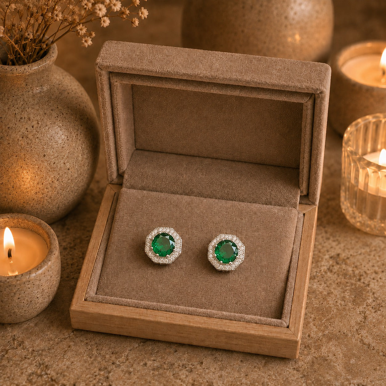 Emerald green gemstone earrings in a jewelry box with candles and flowers in the background