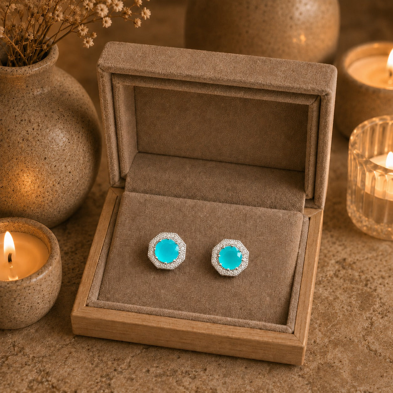 Turquoise gemstone earrings in a jewelry box with candles and decorative items in the background