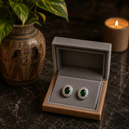 Emerald Oval Halo Stud Earrings