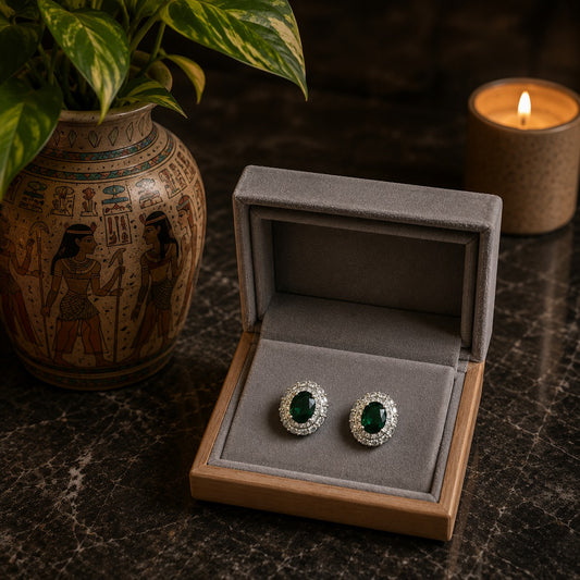 Emerald Oval Halo Stud Earrings