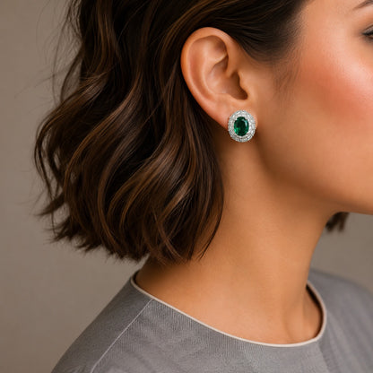 Emerald Oval Halo Stud Earrings