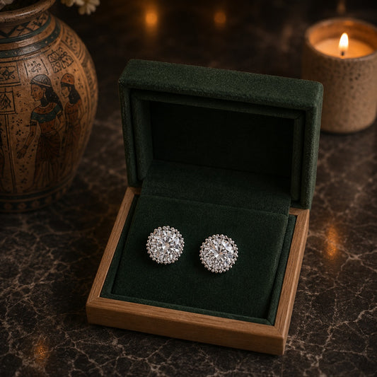 Pair of silver earrings in a green jewelry box on a dark surface with a candle in the background.