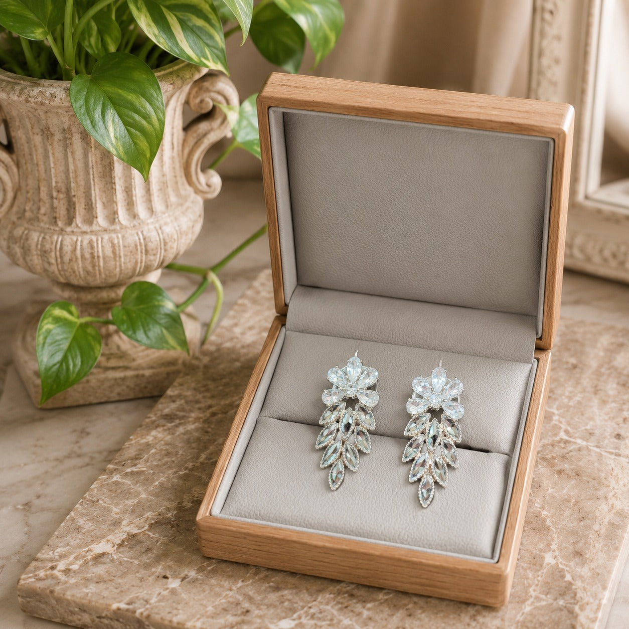 Pair of silver earrings in an open wooden jewelry box on a marble surface with a plant in the background.
