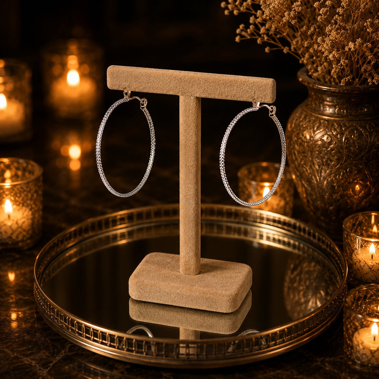 Side profile of textured silver hoop earrings displayed on a velvet jewelry stand highlighting their slim profile and textured finish.